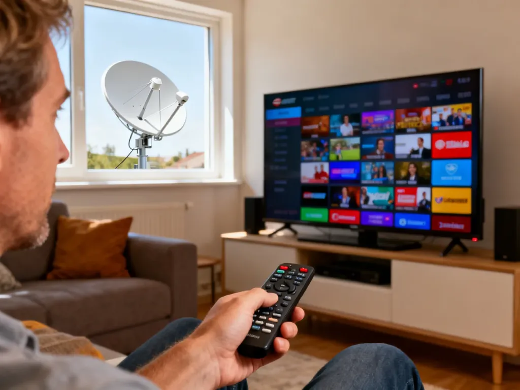 Osoba wygodnie wybiera kanały na nowoczesnym telewizorze z ofertą telewizji satelitarnej, no text on the picture.
